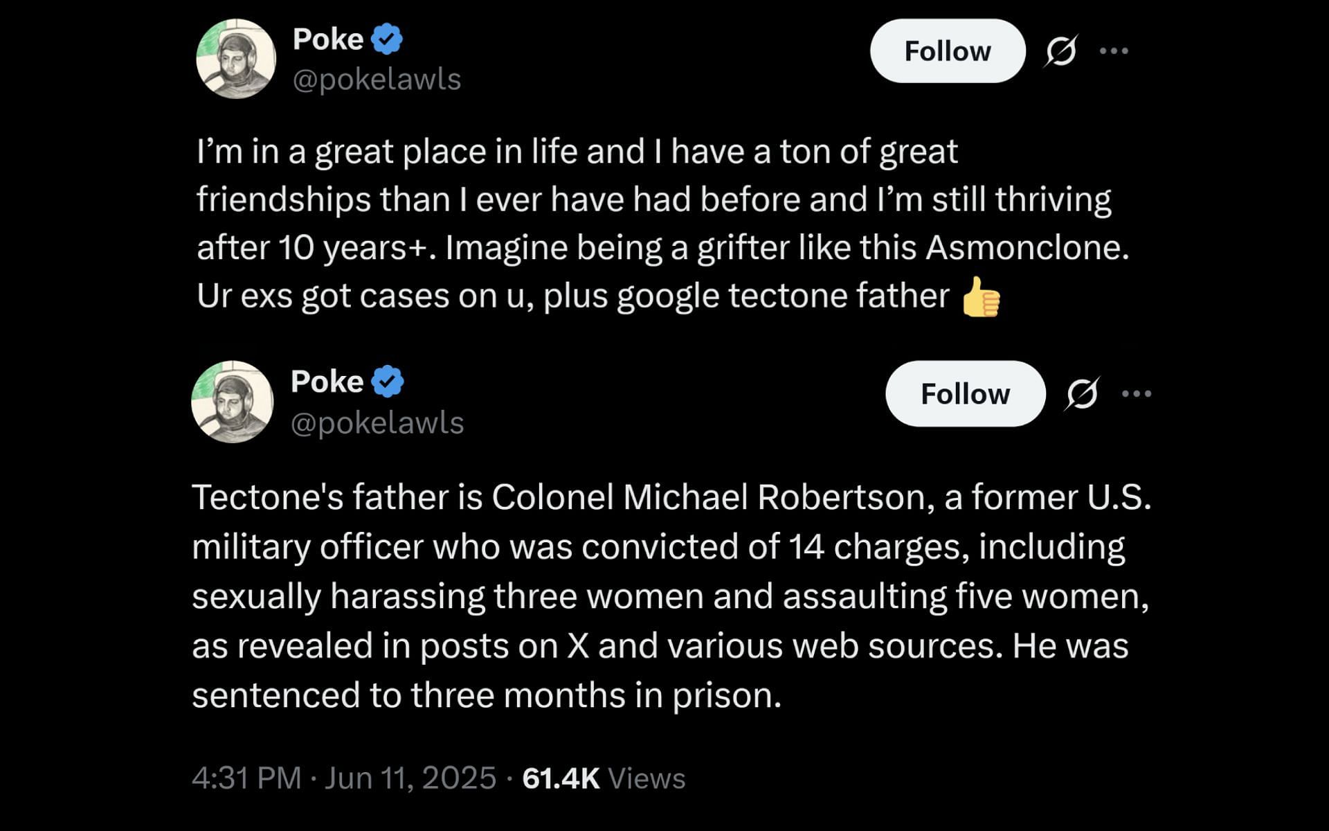 Pokelawls' X posts, dated June 11, 2025, in response to Tectone's recent remarks about him (Image via x.com/pokelawls)